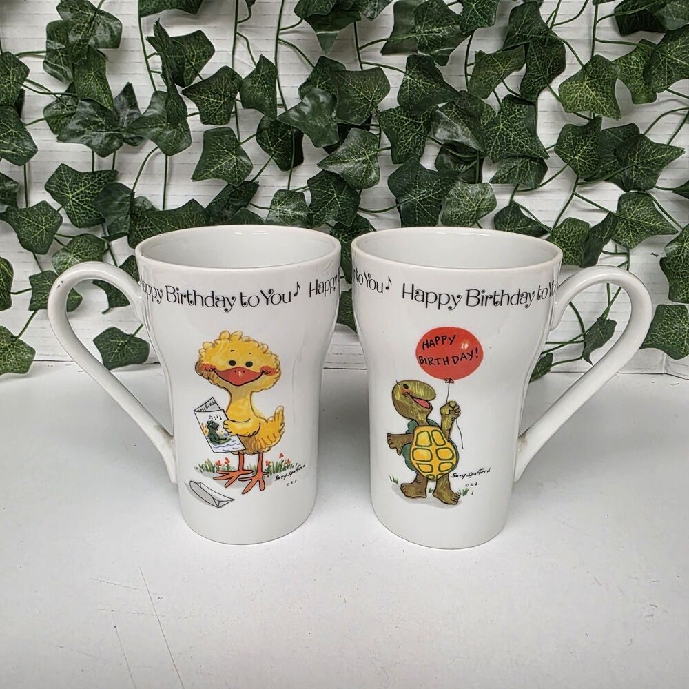 Vintage Lot Of 2 1976 Suzy's Zoo Turtle Chick "Happy Birthday To You" Coffee Mug